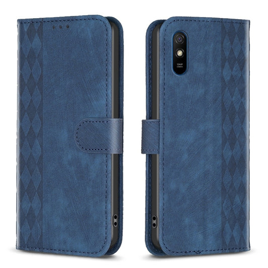 For Xiaomi Redmi 9A Plaid Embossed Leather Phone Case(Blue) by buy2fix