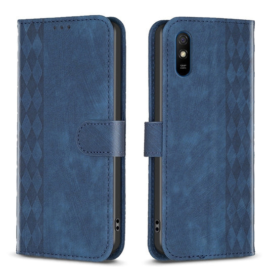 For Xiaomi Redmi 9A Plaid Embossed Leather Phone Case(Blue)