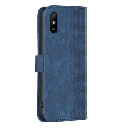 For Xiaomi Redmi 9A Plaid Embossed Leather Phone Case(Blue) by buy2fix