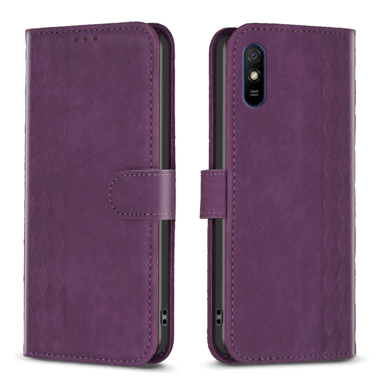 For Xiaomi Redmi 9A Plaid Embossed Leather Phone Case(Purple) by buy2fix