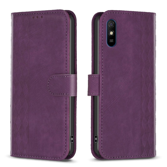 For Xiaomi Redmi 9A Plaid Embossed Leather Phone Case(Purple) by buy2fix