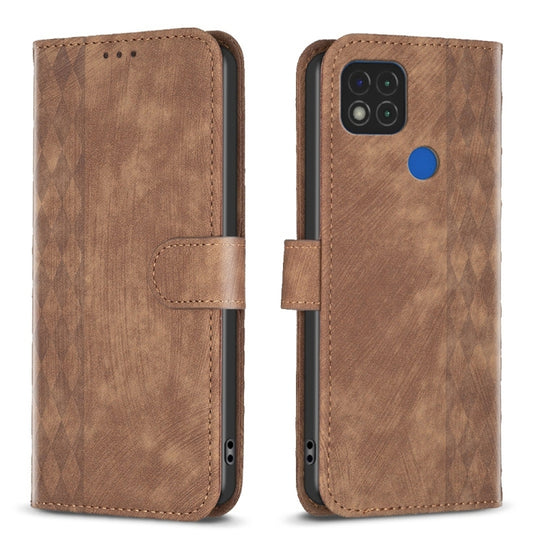 Pour Xiaomi Redmi 9C Étui de téléphone en cuir gaufré à carreaux (marron)