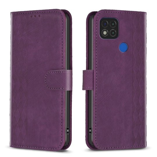 Pour Xiaomi Redmi 9C Étui de téléphone en cuir gaufré à carreaux (violet)