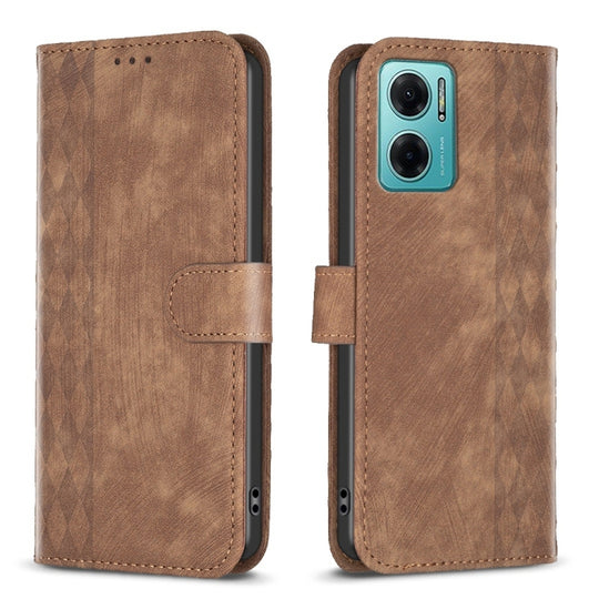 Pour Xiaomi Redmi 10 5G / Note 11E Étui de téléphone en cuir gaufré à carreaux (marron)