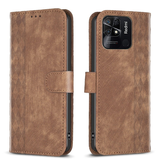 For Xiaomi Redmi 10C Plaid Embossed Leather Phone Case(Brown) by buy2fix