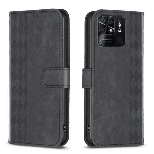 Pour Xiaomi Redmi 10C Étui de téléphone en cuir gaufré à carreaux (Noir)