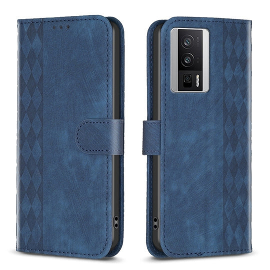 Pour Xiaomi Redmi K60 / K60 Pro Étui de téléphone en cuir gaufré à carreaux (bleu)
