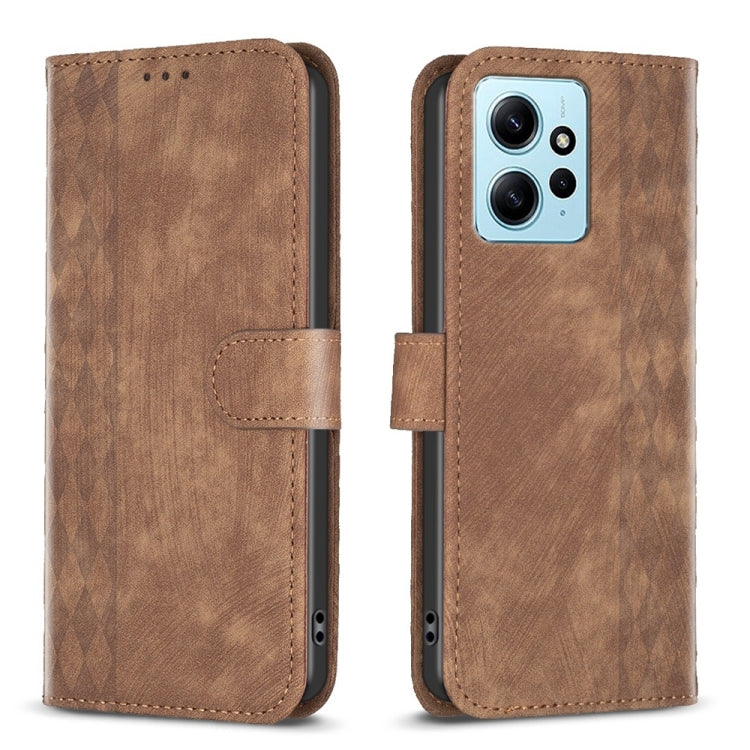 For Xiaomi Redmi Note 12 4G Global Plaid Embossed Leather Phone Case(Brown) by buy2fix