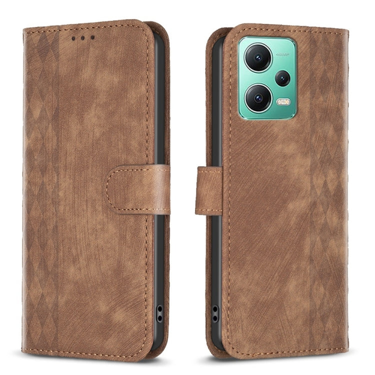 For Xiaomi Redmi Note 12 5G Global Plaid Embossed Leather Phone Case(Brown) by buy2fix