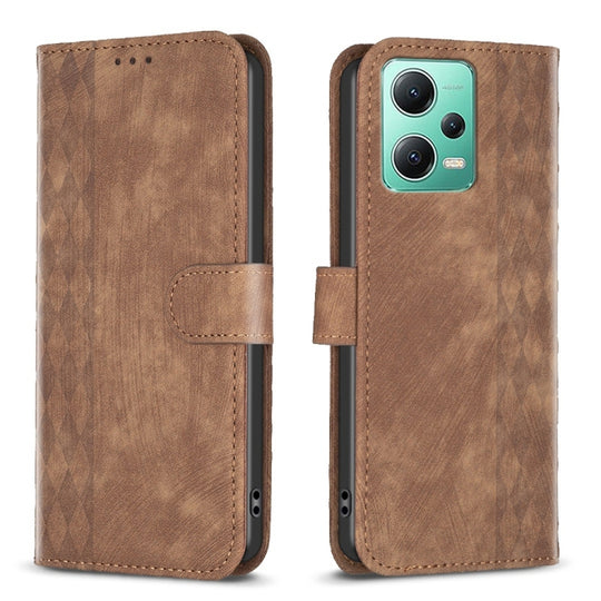 For Xiaomi Redmi Note 12 5G Global Plaid Embossed Leather Phone Case(Brown)
