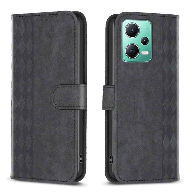 For Xiaomi Redmi Note 12 5G Global Plaid Embossed Leather Phone Case(Black) by buy2fix