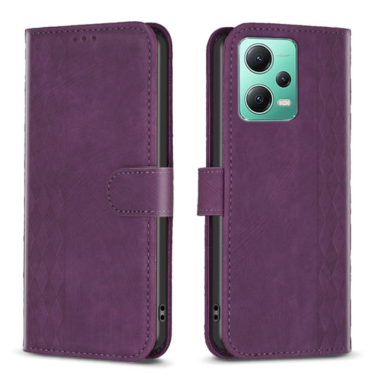 For Xiaomi Redmi Note 12 5G Global Plaid Embossed Leather Phone Case(Purple) by buy2fix