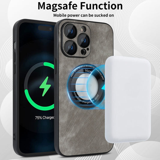 For iPhone 14 Pro Max Skin Feel Leather MagSafe Magnetic Phone Case(Grey) - iPhone 14 Pro Max Cases by buy2fix | Online Shopping UK | buy2fix