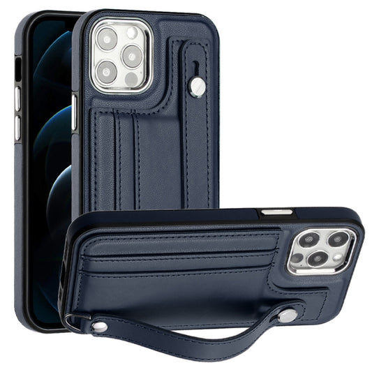 For iPhone 12 / 12 Pro Shockproof Leather Phone Case with Wrist Strap(Blue) - iPhone 12 / 12 Pro Cases by buy2fix | Online Shopping UK | buy2fix