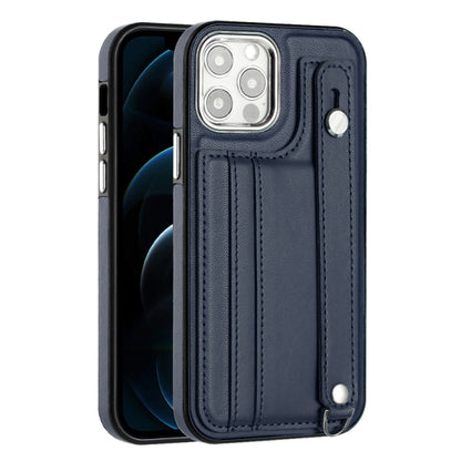 For iPhone 12 / 12 Pro Shockproof Leather Phone Case with Wrist Strap(Blue) - iPhone 12 / 12 Pro Cases by buy2fix | Online Shopping UK | buy2fix