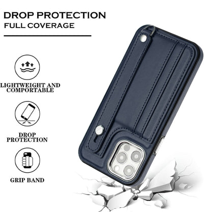 For iPhone 12 / 12 Pro Shockproof Leather Phone Case with Wrist Strap(Blue) - iPhone 12 / 12 Pro Cases by buy2fix | Online Shopping UK | buy2fix