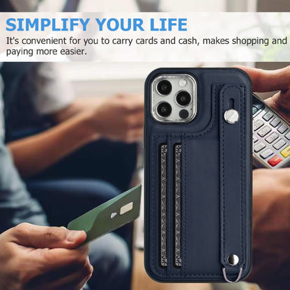 For iPhone 12 / 12 Pro Shockproof Leather Phone Case with Wrist Strap(Blue) - iPhone 12 / 12 Pro Cases by buy2fix | Online Shopping UK | buy2fix