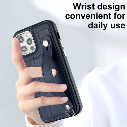 For iPhone 12 / 12 Pro Shockproof Leather Phone Case with Wrist Strap(Blue) - iPhone 12 / 12 Pro Cases by buy2fix | Online Shopping UK | buy2fix