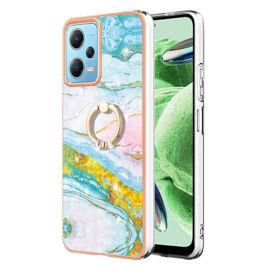 For Xiaomi Redmi Note 12 5G Global/Poco X5 5G Electroplating Marble IMD TPU Phone Case with Ring Holder(Green 004) by buy2fix