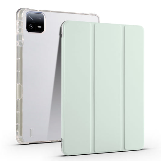 For Xiaomi Pad 6 / 6 Pro 3-fold Clear TPU Smart Leather Tablet Case with Pen Slot(Light Green) by buy2fix