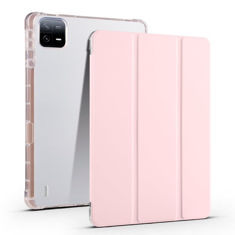 For Xiaomi Pad 6 / 6 Pro 3-fold Clear TPU Smart Leather Tablet Case with Pen Slot(Sand Pink) by buy2fix