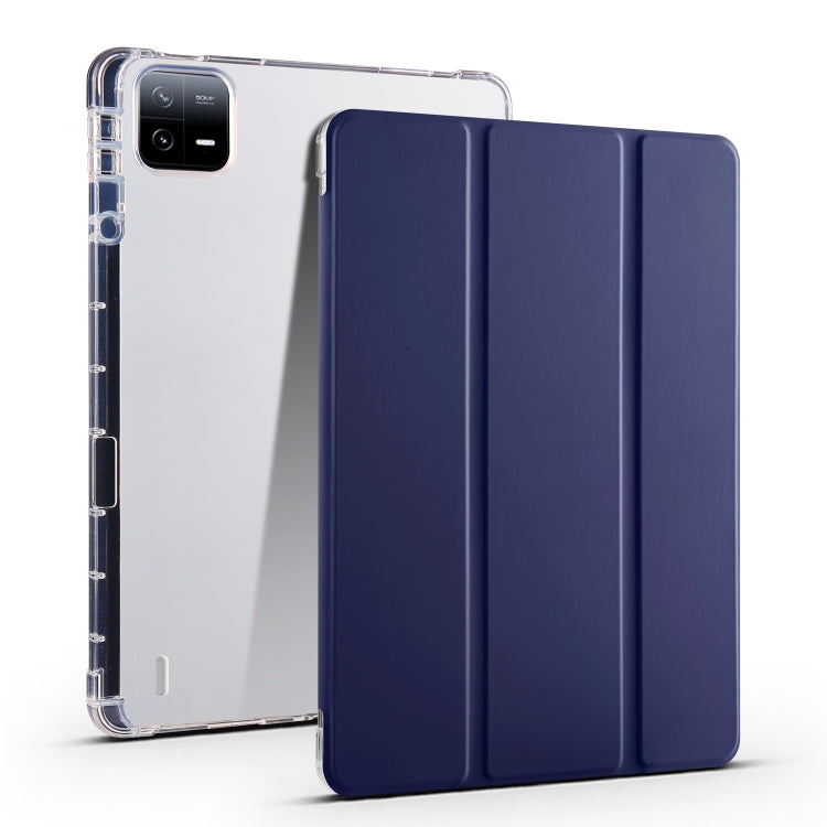 For Xiaomi Pad 6 / 6 Pro 3-fold Clear TPU Smart Leather Tablet Case with Pen Slot(Dark Blue) by buy2fix