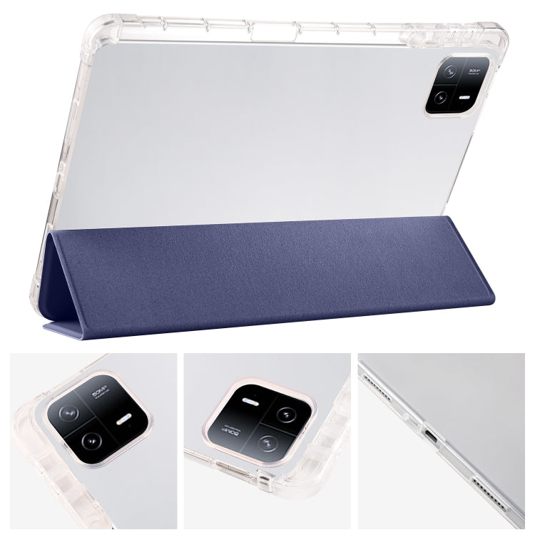 For Xiaomi Pad 6 / 6 Pro 3-fold Clear TPU Smart Leather Tablet Case with Pen Slot(Dark Blue) by buy2fix