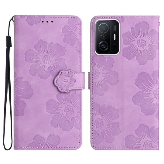Pour Xiaomi 11T / 11T Pro Étui de téléphone en cuir à motif de gaufrage de fleurs (violet)