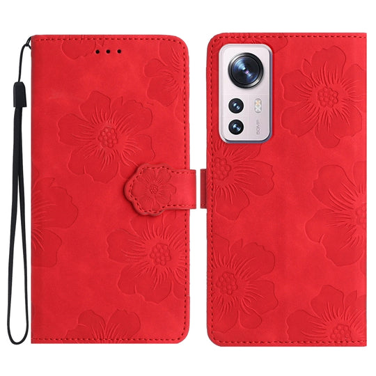 Pour Xiaomi 12 Pro Étui de téléphone en cuir à motif de gaufrage de fleurs (rouge)