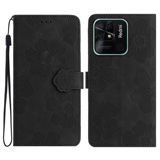 For Xiaomi Redmi 10C Flower Embossing Pattern Leather Phone Case(Black)