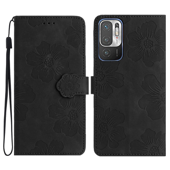 Pour Xiaomi Redmi Note 10 5G Étui de téléphone en cuir à motif de gaufrage de fleurs (noir)