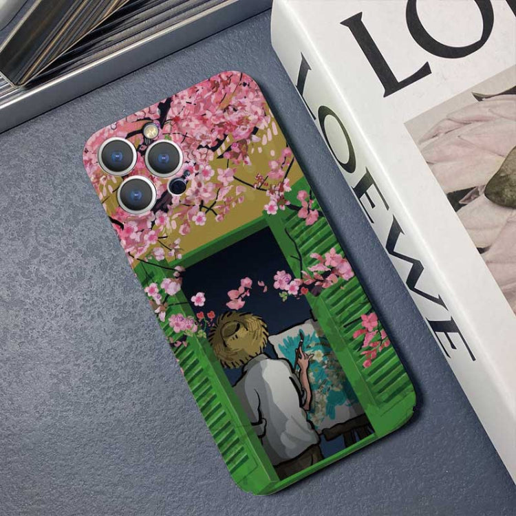For iPhone 12 Pro Max Precise Hole Oil Painting Pattern PC Phone Case(Peach Blossom) by buy2fix