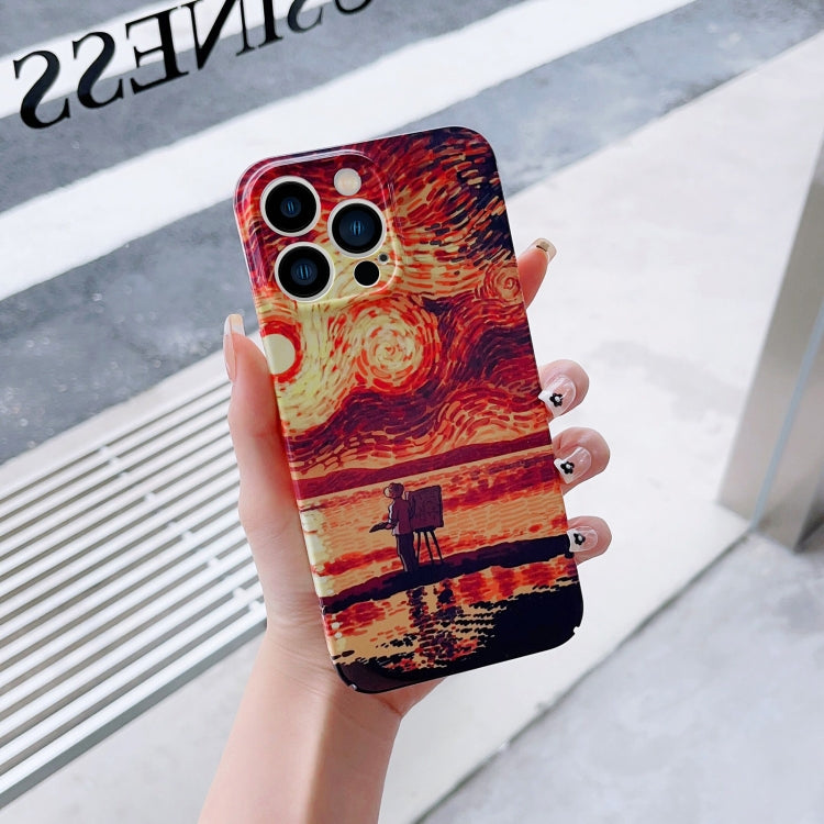 For iPhone 12 Pro Precise Hole Oil Painting Pattern PC Phone Case(Sunset) by buy2fix