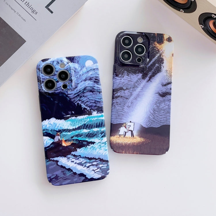 For iPhone 12 Pro Precise Hole Oil Painting Pattern PC Phone Case(Sunset) by buy2fix