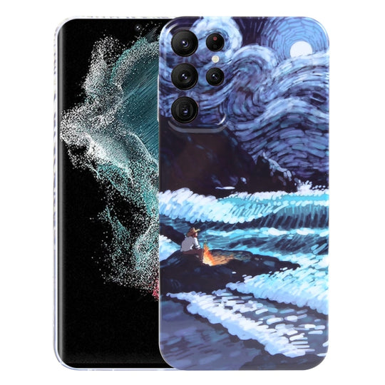 For Samsung Galaxy S22 Ultra 5G Precise Hole Oil Painting Pattern PC Phone Case(Sea Wave)