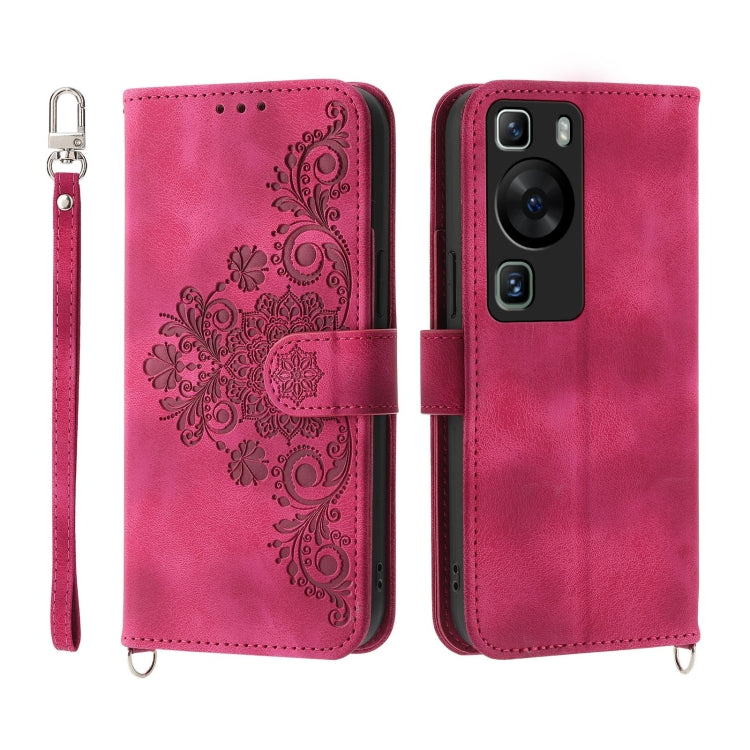 For Huawei P60 / P60 Pro Skin Feel Flowers Embossed Wallet Leather Phone Case(Wine Red) - Huawei Cases by buy2fix | Online Shopping UK | buy2fix
