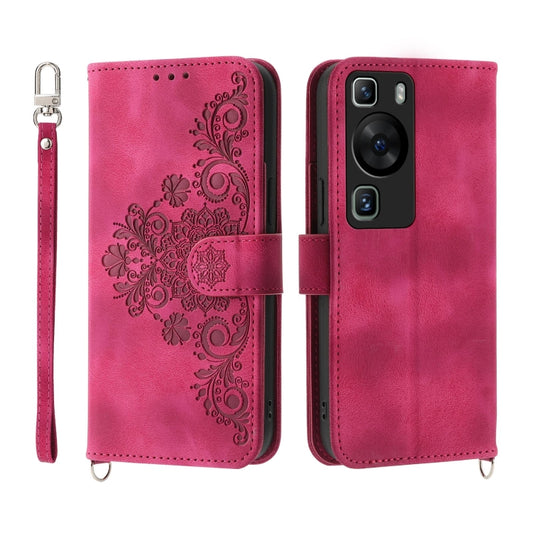 For Huawei P60 / P60 Pro Skin Feel Flowers Embossed Wallet Leather Phone Case(Wine Red) - Huawei Cases by buy2fix | Online Shopping UK | buy2fix
