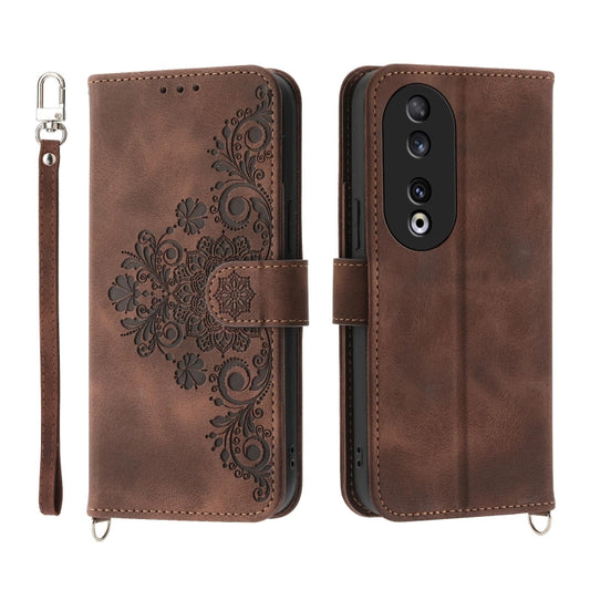For Honor 90 5G Skin Feel Flowers Embossed Wallet Leather Phone Case(Brown) - Honor Cases by buy2fix | Online Shopping UK | buy2fix