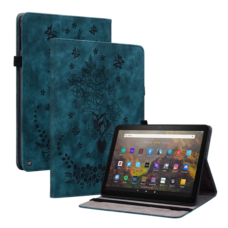 For Amazon Kindle Fire HD10 2021 Butterfly Rose Embossed Leather Smart Tablet Case(Dark Blue) - Amazon by buy2fix | Online Shopping UK | buy2fix