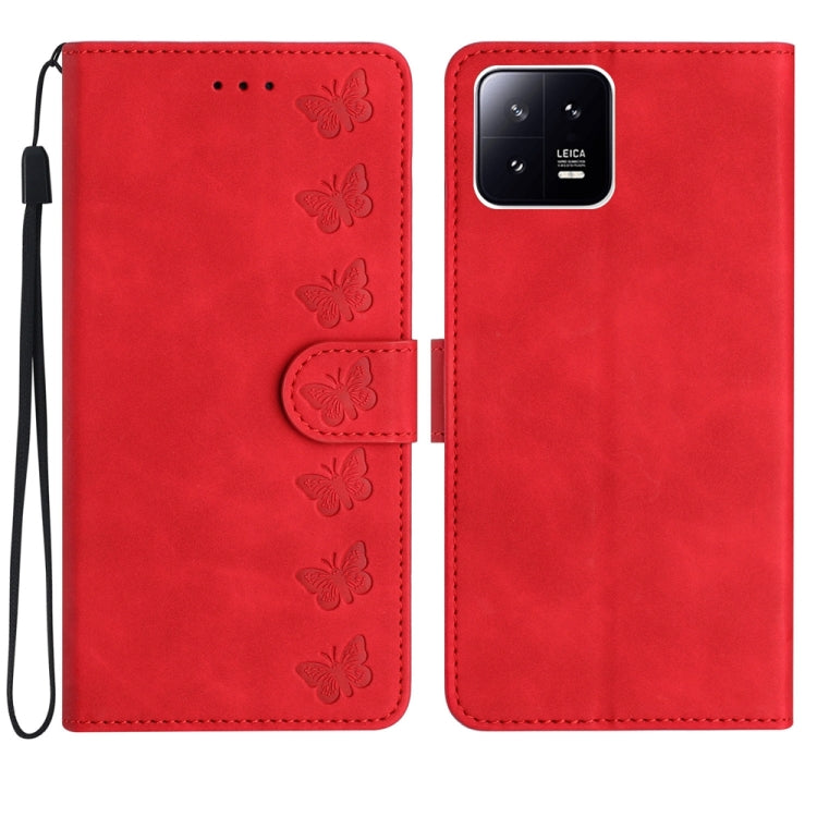 For Xiaomi 13 Seven Butterflies Embossed Leather Phone Case(Red) - Xiaomi Cases by buy2fix | Online Shopping UK | buy2fix