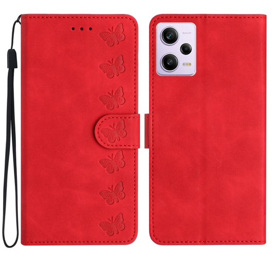 For Xiaomi Redmi Note 12 Pro 5G Global Seven Butterflies Embossed Leather Phone Case(Red) by buy2fix