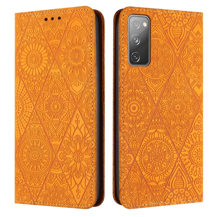For Samsung Galaxy S20 FE Ethnic Embossed Adsorption Leather Phone Case(Yellow) by buy2fix