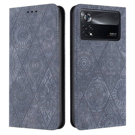 Pour Xiaomi Poco X4 Pro 5G Étui de téléphone en cuir d'adsorption en relief ethnique (gris)