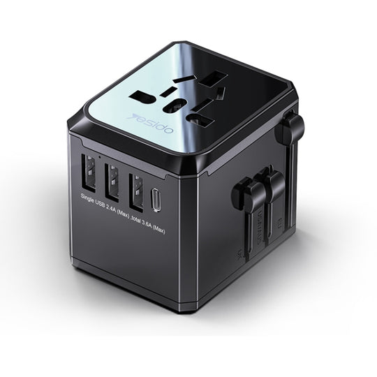 Yesido MC-10 3 ports USB + Type-C Prise adaptateur de voyage universelle multifonction (noir)