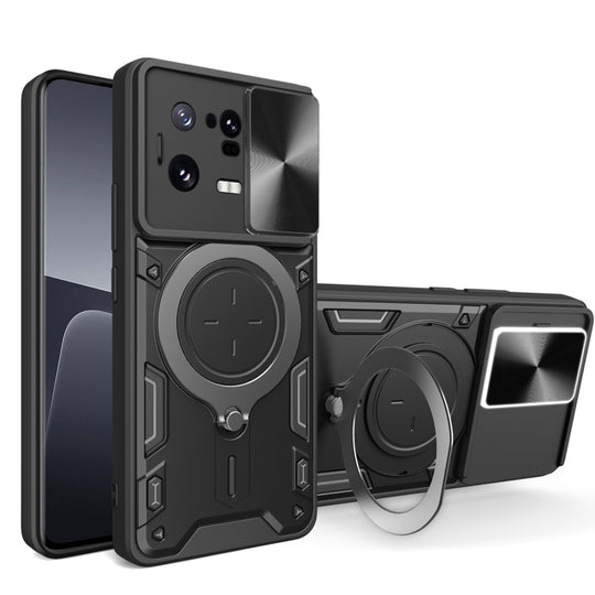 For Xiaomi 13 Pro CD Texture Sliding Camshield Magnetic Holder Phone Case(Black)