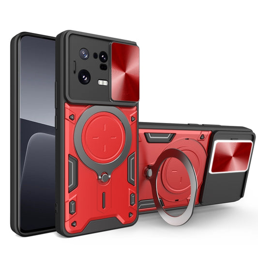 For Xiaomi 13 Pro CD Texture Sliding Camshield Magnetic Holder Phone Case(Red) - Xiaomi Cases by buy2fix | Online Shopping UK | buy2fix