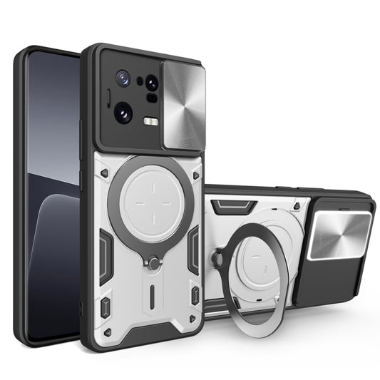 For Xiaomi 13 Pro CD Texture Sliding Camshield Magnetic Holder Phone Case(Silver) - Xiaomi Cases by buy2fix | Online Shopping UK | buy2fix
