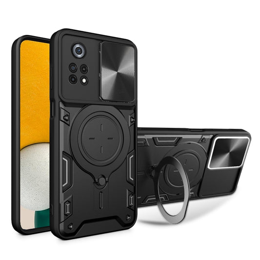 For Xiaomi Poco X4 Pro 5G CD Texture Sliding Camshield Magnetic Holder Phone Case(Black) - Xiaomi Cases by buy2fix | Online Shopping UK | buy2fix
