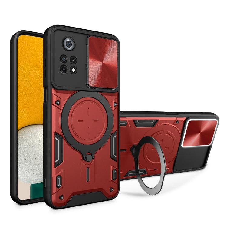 For Xiaomi Poco X4 Pro 5G CD Texture Sliding Camshield Magnetic Holder Phone Case(Red) by buy2fix
