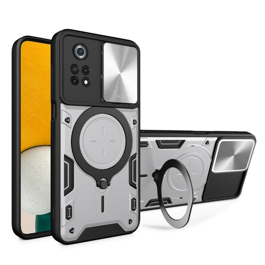 For Xiaomi Poco X4 Pro 5G CD Texture Sliding Camshield Magnetic Holder Phone Case(Silver) - Xiaomi Cases by buy2fix | Online Shopping UK | buy2fix